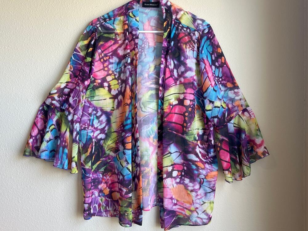 Travel Elements Bright Multi Color Butterfly Print Sheer Chiffon Kimono Large